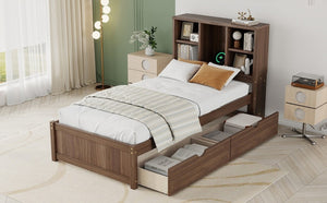 English Elm Modern Twin Platform Bed with Bookcase Headboard USB Charging Port and Storage Drawers Walnut W697P544059