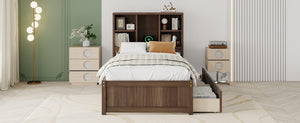English Elm Modern Twin Platform Bed with Bookcase Headboard USB Charging Port and Storage Drawers Walnut W697P544059