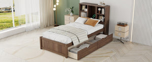 English Elm Modern Twin Platform Bed with Bookcase Headboard USB Charging Port and Storage Drawers Walnut W697P544059