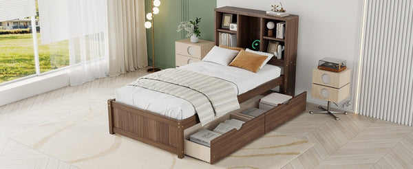 English Elm Modern Twin Platform Bed with Bookcase Headboard USB Charging Port and Storage Drawers Walnut W697P544059