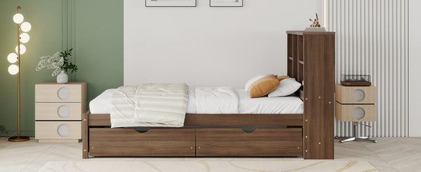 English Elm Modern Twin Platform Bed with Bookcase Headboard USB Charging Port and Storage Drawers Walnut W697P544059