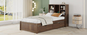 English Elm Modern Twin Platform Bed with Bookcase Headboard USB Charging Port and Storage Drawers Walnut W697P544059