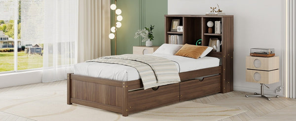 English Elm Modern Twin Platform Bed with Bookcase Headboard USB Charging Port and Storage Drawers Walnut W697P544059