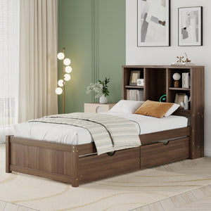 English Elm Modern Twin Platform Bed with Bookcase Headboard USB Charging Port and Storage Drawers Walnut W697P544059