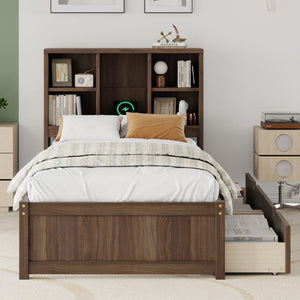 English Elm Modern Twin Platform Bed with Bookcase Headboard USB Charging Port and Storage Drawers Walnut W697P544059