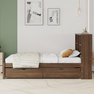 English Elm Modern Twin Platform Bed with Bookcase Headboard USB Charging Port and Storage Drawers Walnut W697P544059
