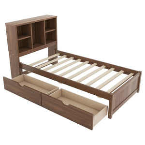 English Elm Modern Twin Platform Bed with Bookcase Headboard USB Charging Port and Storage Drawers Walnut W697P544059