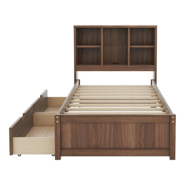 English Elm Modern Twin Platform Bed with Bookcase Headboard USB Charging Port and Storage Drawers Walnut W697P544059