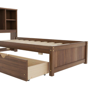 English Elm Modern Twin Platform Bed with Bookcase Headboard USB Charging Port and Storage Drawers Walnut W697P544059