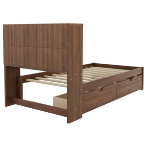 English Elm Modern Twin Platform Bed with Bookcase Headboard USB Charging Port and Storage Drawers Walnut W697P544059