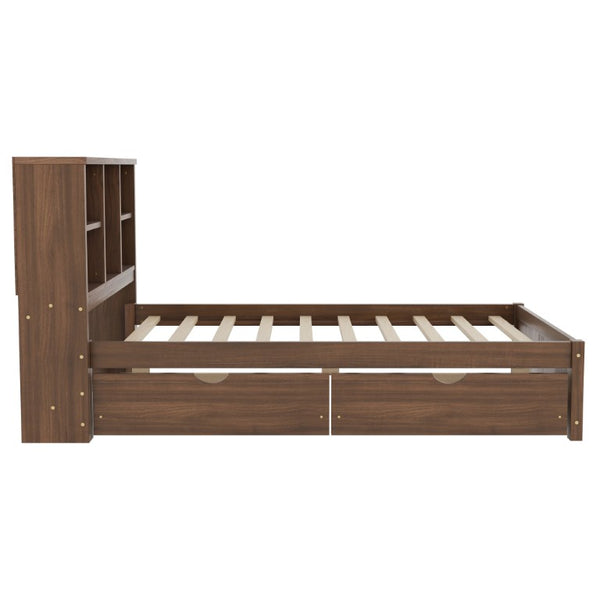 English Elm Modern Twin Platform Bed with Bookcase Headboard USB Charging Port and Storage Drawers Walnut W697P544059