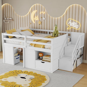English Elm Full Size Pine Wood Low Loft Bed Built-in Stairs Storage Drawer Kids Bedroom White W697S00046