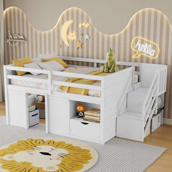 English Elm Full Size Pine Wood Low Loft Bed Built-in Stairs Storage Drawer Kids Bedroom White W697S00046