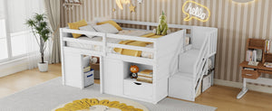 English Elm Full Size Pine Wood Low Loft Bed Built-in Stairs Storage Drawer Kids Bedroom White W697S00046