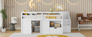 English Elm Full Size Pine Wood Low Loft Bed Built-in Stairs Storage Drawer Kids Bedroom White W697S00046