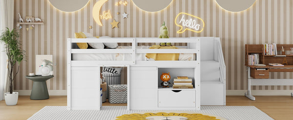 English Elm Full Size Pine Wood Low Loft Bed Built-in Stairs Storage Drawer Kids Bedroom White W697S00046