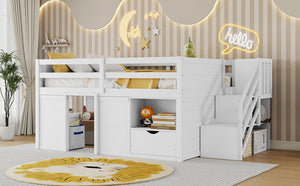 English Elm Full Size Pine Wood Low Loft Bed Built-in Stairs Storage Drawer Kids Bedroom White W697S00046