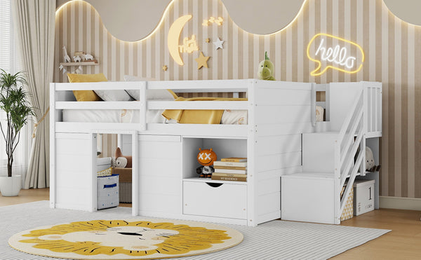 English Elm Full Size Pine Wood Low Loft Bed Built-in Stairs Storage Drawer Kids Bedroom White W697S00046