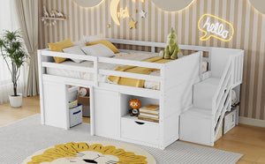 English Elm Full Size Pine Wood Low Loft Bed Built-in Stairs Storage Drawer Kids Bedroom White W697S00046