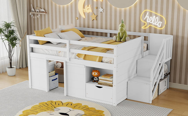 English Elm Full Size Pine Wood Low Loft Bed Built-in Stairs Storage Drawer Kids Bedroom White W697S00046
