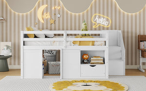 English Elm Full Size Pine Wood Low Loft Bed Built-in Stairs Storage Drawer Kids Bedroom White W697S00046