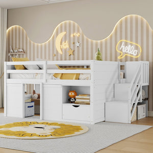 English Elm Full Size Pine Wood Low Loft Bed Built-in Stairs Storage Drawer Kids Bedroom White W697S00046