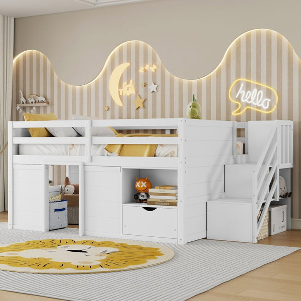 English Elm Full Size Pine Wood Low Loft Bed Built-in Stairs Storage Drawer Kids Bedroom White W697S00046