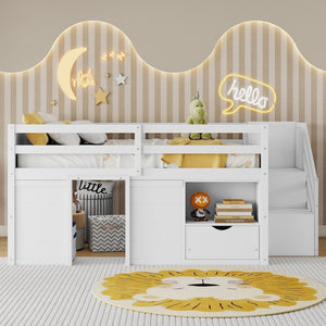 English Elm Full Size Pine Wood Low Loft Bed Built-in Stairs Storage Drawer Kids Bedroom White W697S00046
