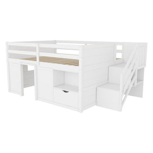 English Elm Full Size Pine Wood Low Loft Bed Built-in Stairs Storage Drawer Kids Bedroom White W697S00046