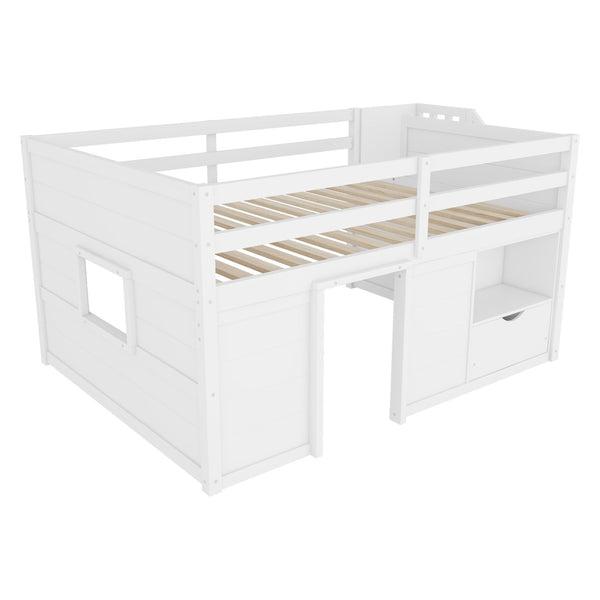 English Elm Full Size Pine Wood Low Loft Bed Built-in Stairs Storage Drawer Kids Bedroom White W697S00046