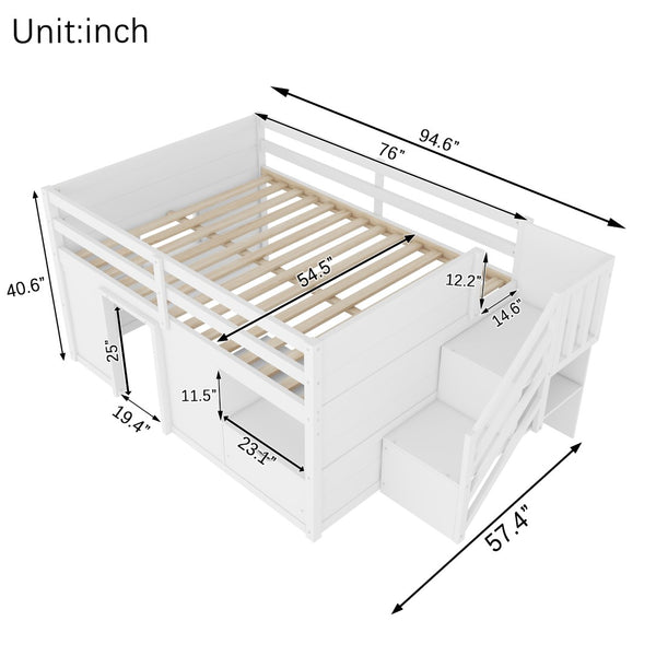 English Elm Full Size Pine Wood Low Loft Bed Built-in Stairs Storage Drawer Kids Bedroom White W697S00046