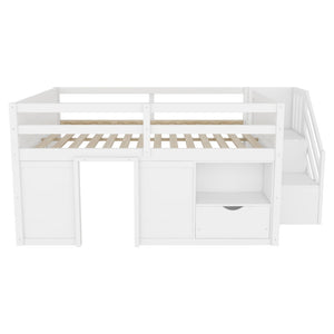 English Elm Full Size Pine Wood Low Loft Bed Built-in Stairs Storage Drawer Kids Bedroom White W697S00046