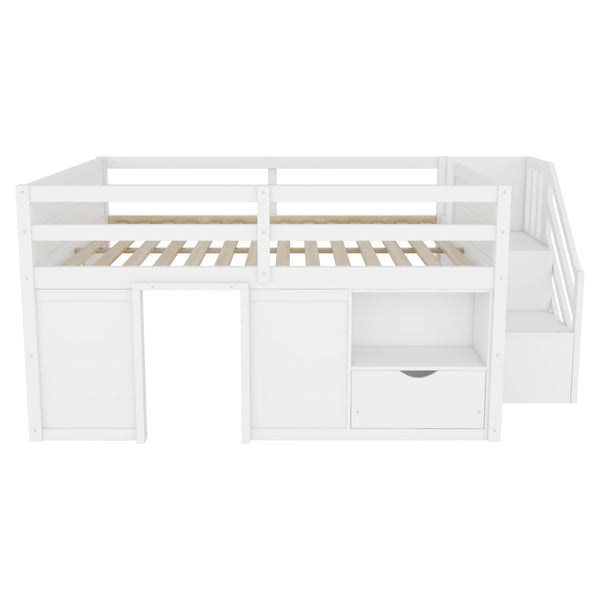 English Elm Full Size Pine Wood Low Loft Bed Built-in Stairs Storage Drawer Kids Bedroom White W697S00046