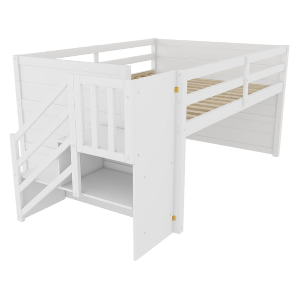 English Elm Full Size Pine Wood Low Loft Bed Built-in Stairs Storage Drawer Kids Bedroom White W697S00046