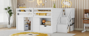 English Elm Full Size Pine Wood Low Loft Bed Built-in Stairs Storage Drawer Kids Bedroom White W697S00046