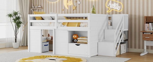 English Elm Full Size Pine Wood Low Loft Bed Built-in Stairs Storage Drawer Kids Bedroom White W697S00046