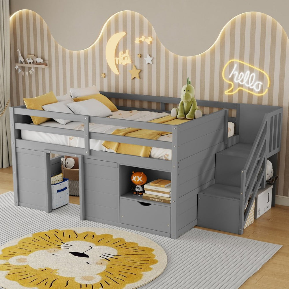 English Elm Full Size Pine Wood Low Loft Bed Built-in Stairs Storage Drawer Kids Bedroom Gray W697S00047