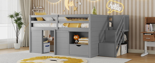 English Elm Full Size Pine Wood Low Loft Bed Built-in Stairs Storage Drawer Kids Bedroom Gray W697S00047