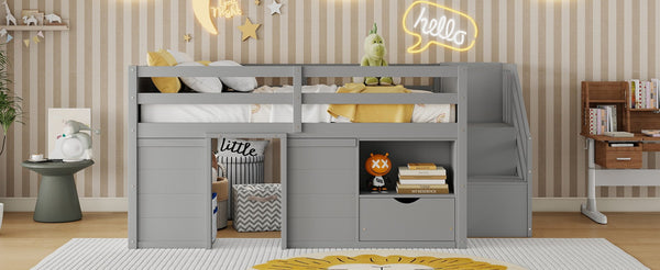 English Elm Full Size Pine Wood Low Loft Bed Built-in Stairs Storage Drawer Kids Bedroom Gray W697S00047