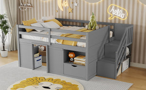 English Elm Full Size Pine Wood Low Loft Bed Built-in Stairs Storage Drawer Kids Bedroom Gray W697S00047