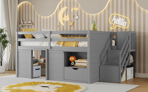 English Elm Full Size Pine Wood Low Loft Bed Built-in Stairs Storage Drawer Kids Bedroom Gray W697S00047