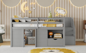 English Elm Full Size Pine Wood Low Loft Bed Built-in Stairs Storage Drawer Kids Bedroom Gray W697S00047