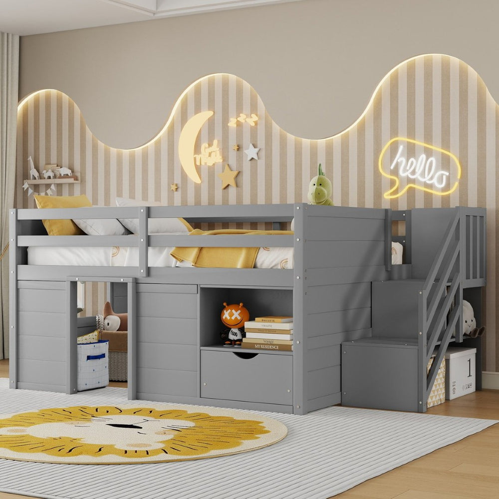 English Elm Full Size Pine Wood Low Loft Bed Built-in Stairs Storage Drawer Kids Bedroom Gray W697S00047