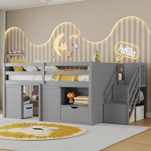 English Elm Full Size Pine Wood Low Loft Bed Built-in Stairs Storage Drawer Kids Bedroom Gray W697S00047