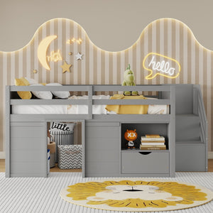 English Elm Full Size Pine Wood Low Loft Bed Built-in Stairs Storage Drawer Kids Bedroom Gray W697S00047
