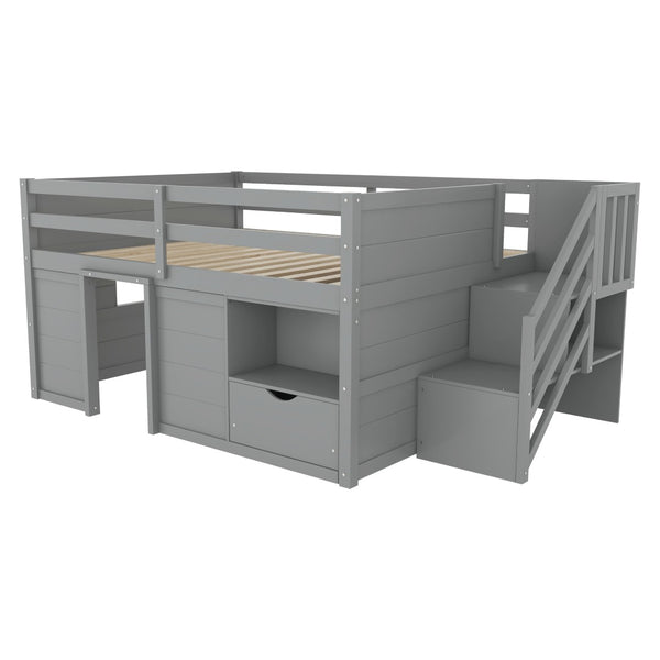 English Elm Full Size Pine Wood Low Loft Bed Built-in Stairs Storage Drawer Kids Bedroom Gray W697S00047