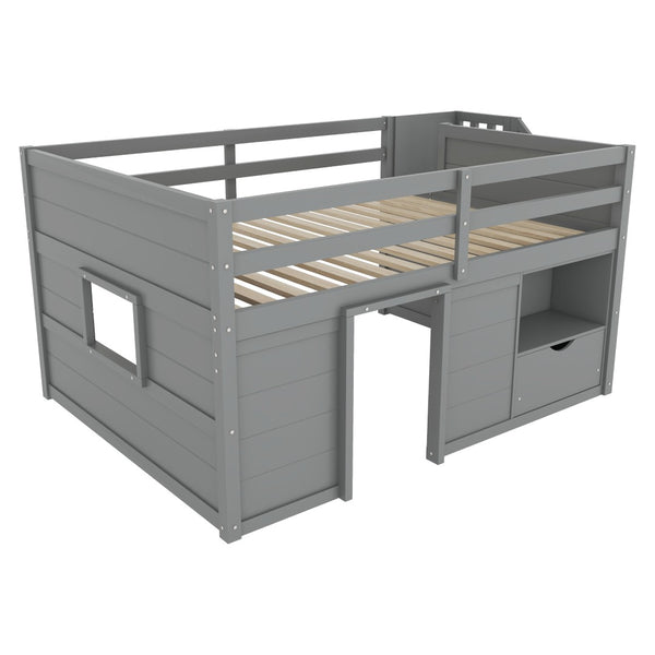 English Elm Full Size Pine Wood Low Loft Bed Built-in Stairs Storage Drawer Kids Bedroom Gray W697S00047
