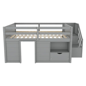 English Elm Full Size Pine Wood Low Loft Bed Built-in Stairs Storage Drawer Kids Bedroom Gray W697S00047