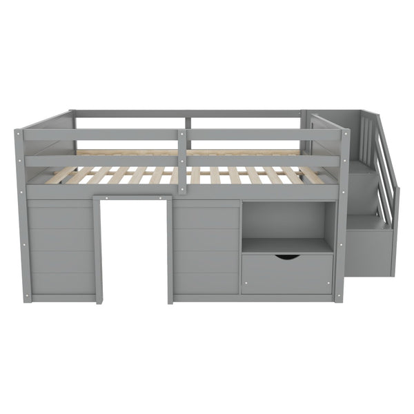 English Elm Full Size Pine Wood Low Loft Bed Built-in Stairs Storage Drawer Kids Bedroom Gray W697S00047
