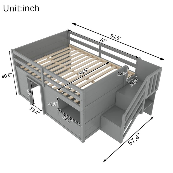 English Elm Full Size Pine Wood Low Loft Bed Built-in Stairs Storage Drawer Kids Bedroom Gray W697S00047